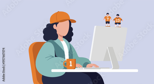 Woman in cap working on computer, miniature sports figures on monitor
