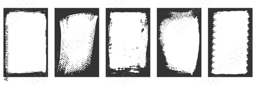 Set of black grunge textures and distressed border frames. Collection of rough ink brush strokes and roller paint shapes for street art and punk rock poster design