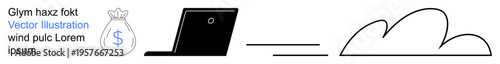 Cloud computing, digital payments, financial transactions, virtual storage, data sharing, online connectivity. Image shows a laptop, a money bag and a cloud icon linked by a line. Cloud computing