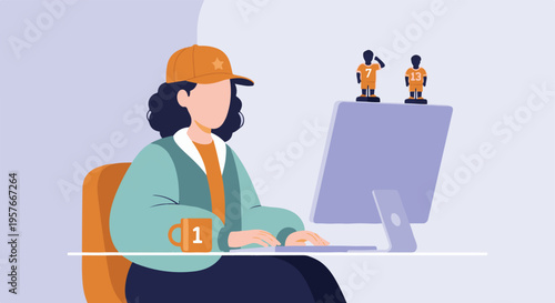 Young woman in a cap working on a computer at a desk