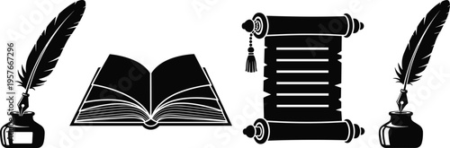 Black and white of book scroll and quill pens inkwell