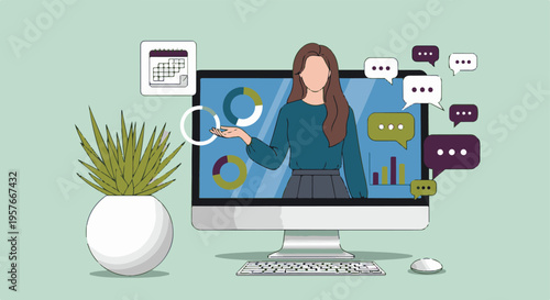 Virtual presentation, online business meeting with data and chat bubbles