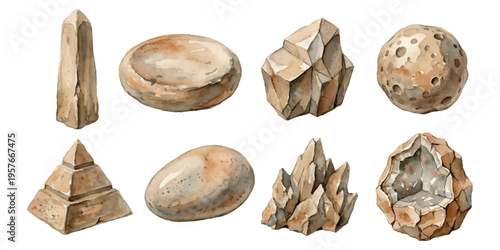 Watercolor set of distinct rock, boulder, geode, and crystal formations. isolated on transparent background