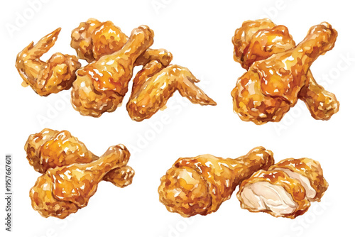 Watercolor set of crispy glazed fried chicken drumsticks wings and sliced meat pieces isolated on transparent background