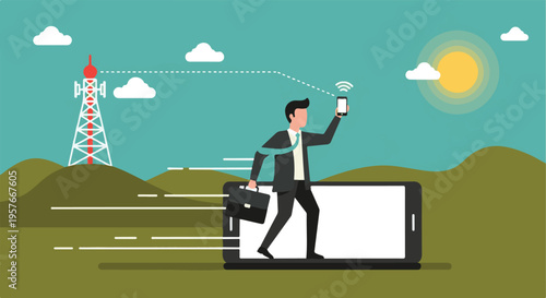 Businessman utilizing mobile phone for global network communication concept