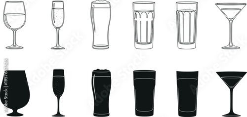 Black and white line of various drinking glasses wine glasses champagne flutes beer glasses