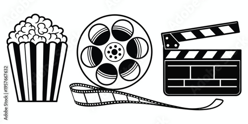 Movie-related items including popcorn, film reel, and clapperboard, clean vector icons for movie theaters, film festivals