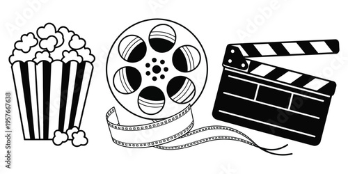 Movie-related items including popcorn, a film reel, and a clapperboard, vector illustrations perfect for cinema, entertainment