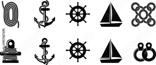 Black nautical on white background rope anchor