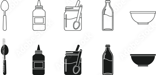 Black and white of kitchen utensils and condiment bottles condiments jars