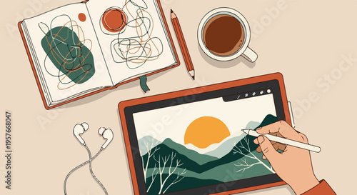 Overhead view of a person drawing a landscape on a digital tablet with coffee and sketchbook