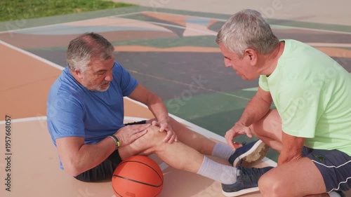 Unfortunate elderly man experiencing a sudden knee injury while playing basketball as his concerned friend rushes to provide assistance, highlighting potential sport-related health issues