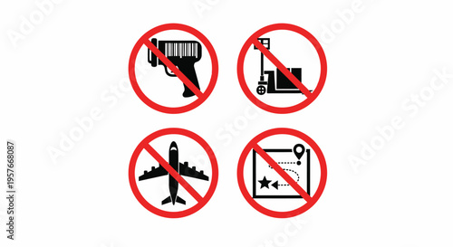 Forbidden Items Icon Set with Barcode Scanner, Hand Truck, Airplane and Map Isolated on White
