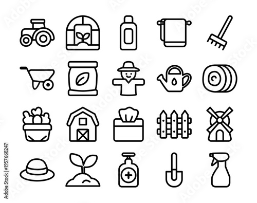 Agriculture And Gardening Line Icon Set Featuring Farm Tools Tractor Greenhouse Organic Elements And Rural Equipment
