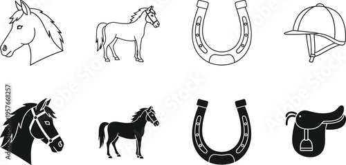 Black and white equestrian set with horse head body horseshoe riding helmet saddle silhouette outline