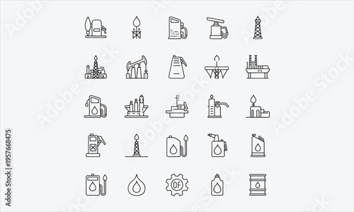 Oil & Gas line icon set. Containing fuel, refinery, petroleum, oil well, gas pump, offshore platform, lubricant, oil barrel and more. Vector illustration