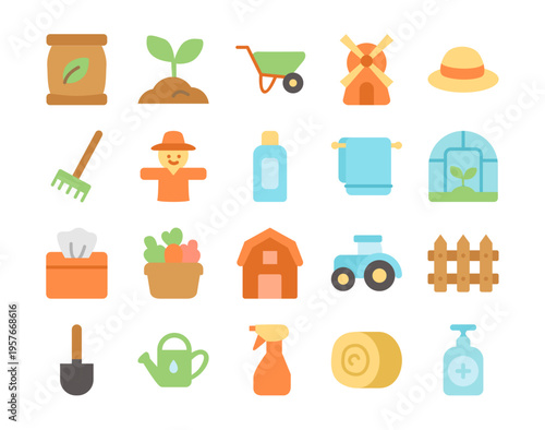 Agriculture And Gardening Line Icon Set Featuring Farm Tools Tractor Greenhouse Organic Elements And Rural Equipment