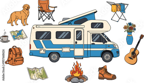 Campervan road trip with dog and camping gear motorhome