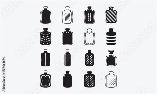 Rubber warmer icons set. This diverse icon set showcases various hot water bottles