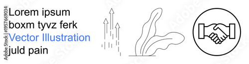 Business collaboration, mutual agreement, growth strategies, entrepreneurship, organic form, and graphic design. Handshake, arrows indicating upward growth and minimalist organic shapes. Business