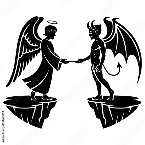 Angel and demon figures reaching across chasm symbolizing duality good versus evil or choice for spiritual or conceptual themes