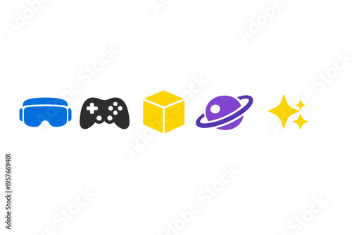 Five colorful minimalist icons representing virtual reality, gaming