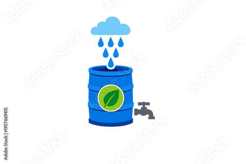 3D illustration of a blue rain barrel collecting falling raindrops