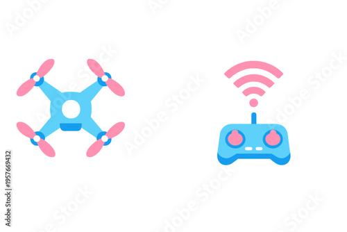 Flat illustration of a blue and pink drone quadcopter and its remote