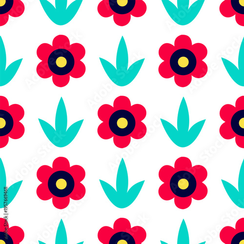 Bright red flowers with yellow centers and teal leaves. Pattern repeats on plain white background. Bold, cartoon-style design