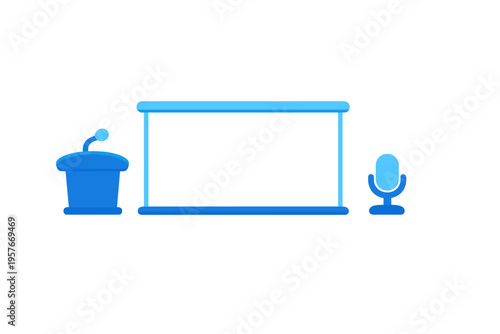 A flat illustration of a blue podium with a microphone, a large blank