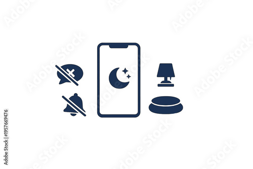 A flat vector illustration featuring a smartphone with a moon icon