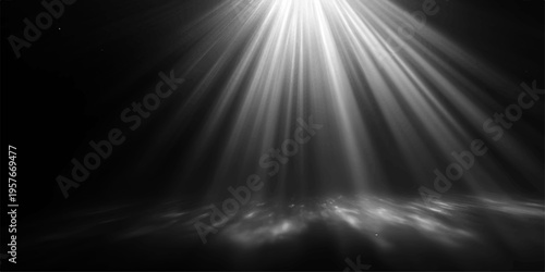 An abstract blue design featuring bright sun rays and spotlight beams that create a glowing flare texture across a dark stage or underwater space illustration