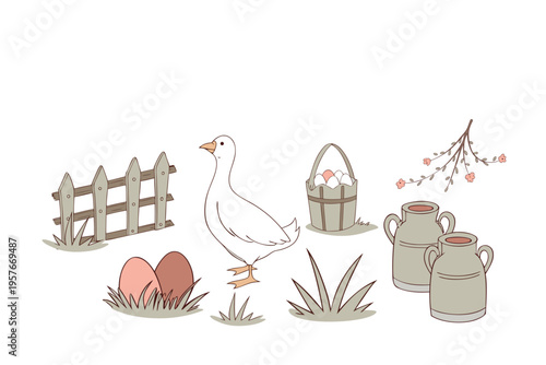 White goose stands near fence and eggs. Pasture features grass, berries, and milk jugs. Simple, hand-drawn style with soft tones