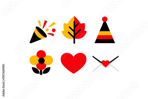 A set of six flat minimalist icons featuring a confetti popper