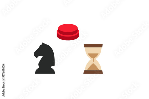 A minimalist illustration featuring a red circular button, a black