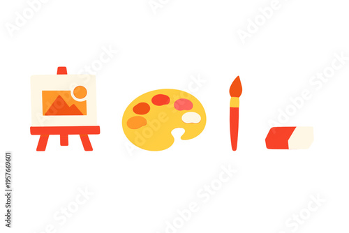 A collection of 3D art supply icons including an easel with a