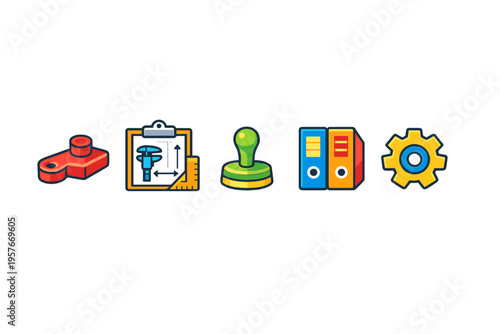 A series of five vibrant vector icons representing industrial design