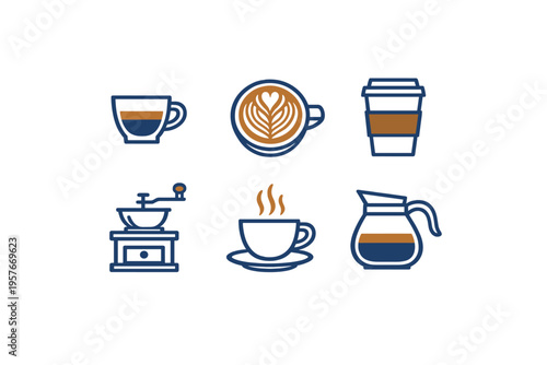A set of six coffee-themed icons featuring a manual grinder, a latte