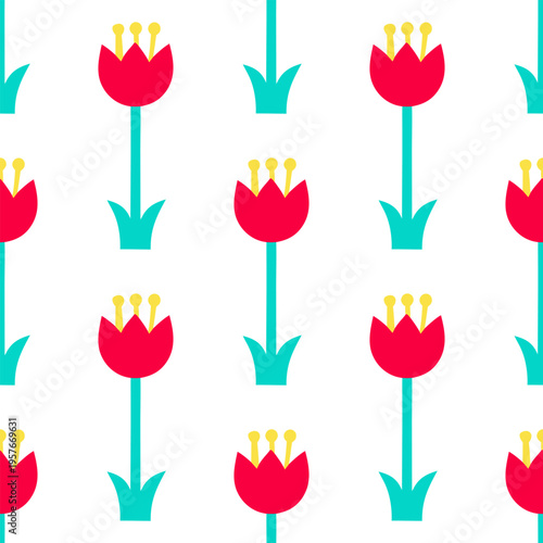 Red tulips with yellow stamens and teal stems repeat in a seamless pattern. Each flower has a cheerful, stylized appearance