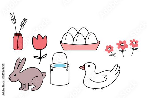 Hand-drawn farm scene with animals and flowers. Gray rabbit and duck stand beside bucket and jar. Red tulip and small pink flowers bloom nearby