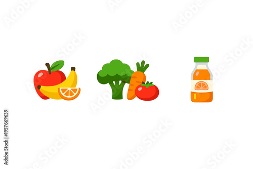 A collection of flat vector icons featuring healthy food items