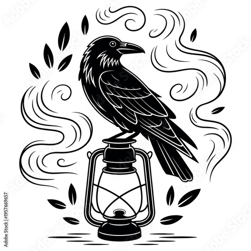 Black raven silhouette perched atop antique lantern surrounded by swirling smoke and falling leaves in bold high contrast graphic style for mystical atmosphere