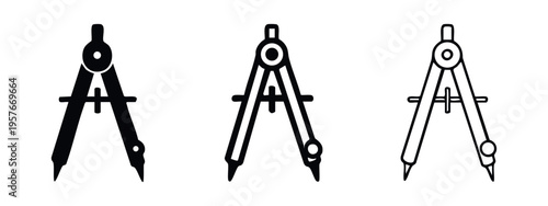 Drawing Compass Icon Set. Engineering, Architecture, and Geometry Design Tool Symbols in Various Styles.