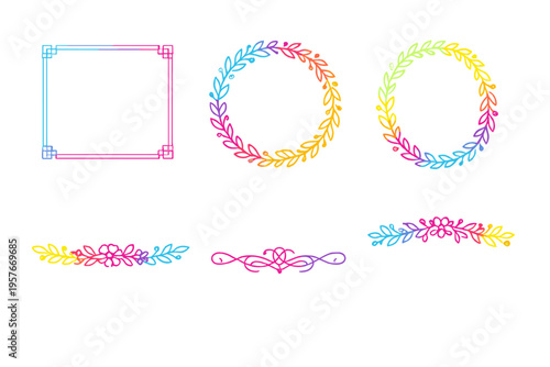 A set of six hand-drawn decorative frames and borders featuring