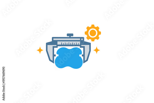 A flat vector illustration of a grey vernier caliper measuring a blue