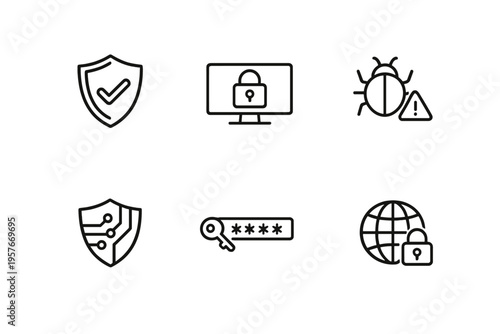 A collection of six black line icons representing cyber security
