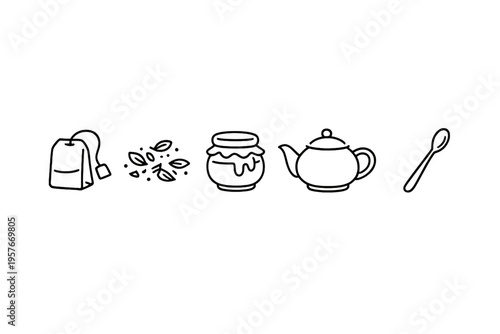 A collection of black line art icons representing a tea ceremony