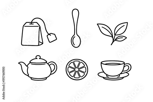 A set of black and white line art icons featuring items for tea