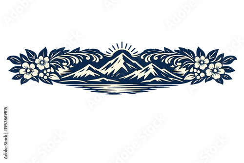 A stylized navy blue illustration of mountain peaks with a rising