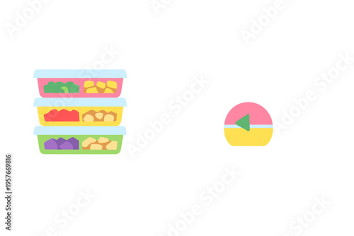 A minimalist flat vector illustration showing three stacked meal prep